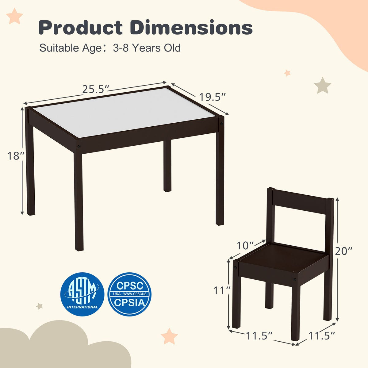 3-Piece Toddler Activity Table Set with Solid Rubber Wood Frame