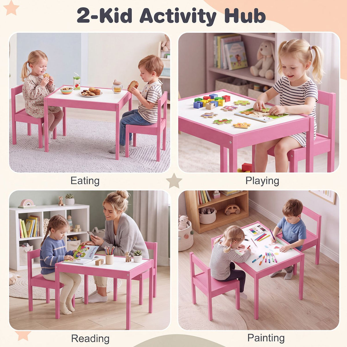 3-Piece Toddler Activity Table Set with Solid Rubber Wood Frame