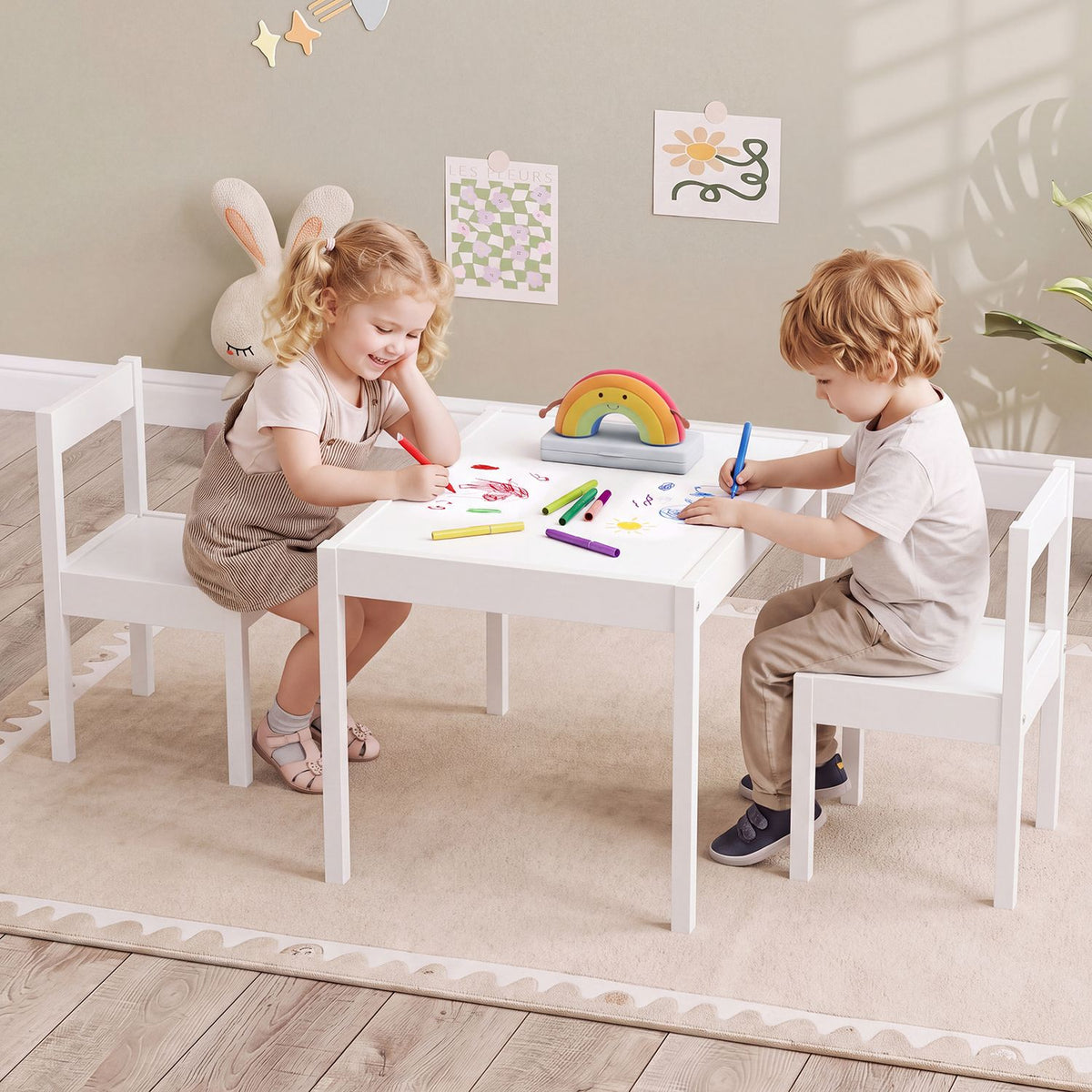 3-Piece Toddler Activity Table Set with Solid Rubber Wood Frame