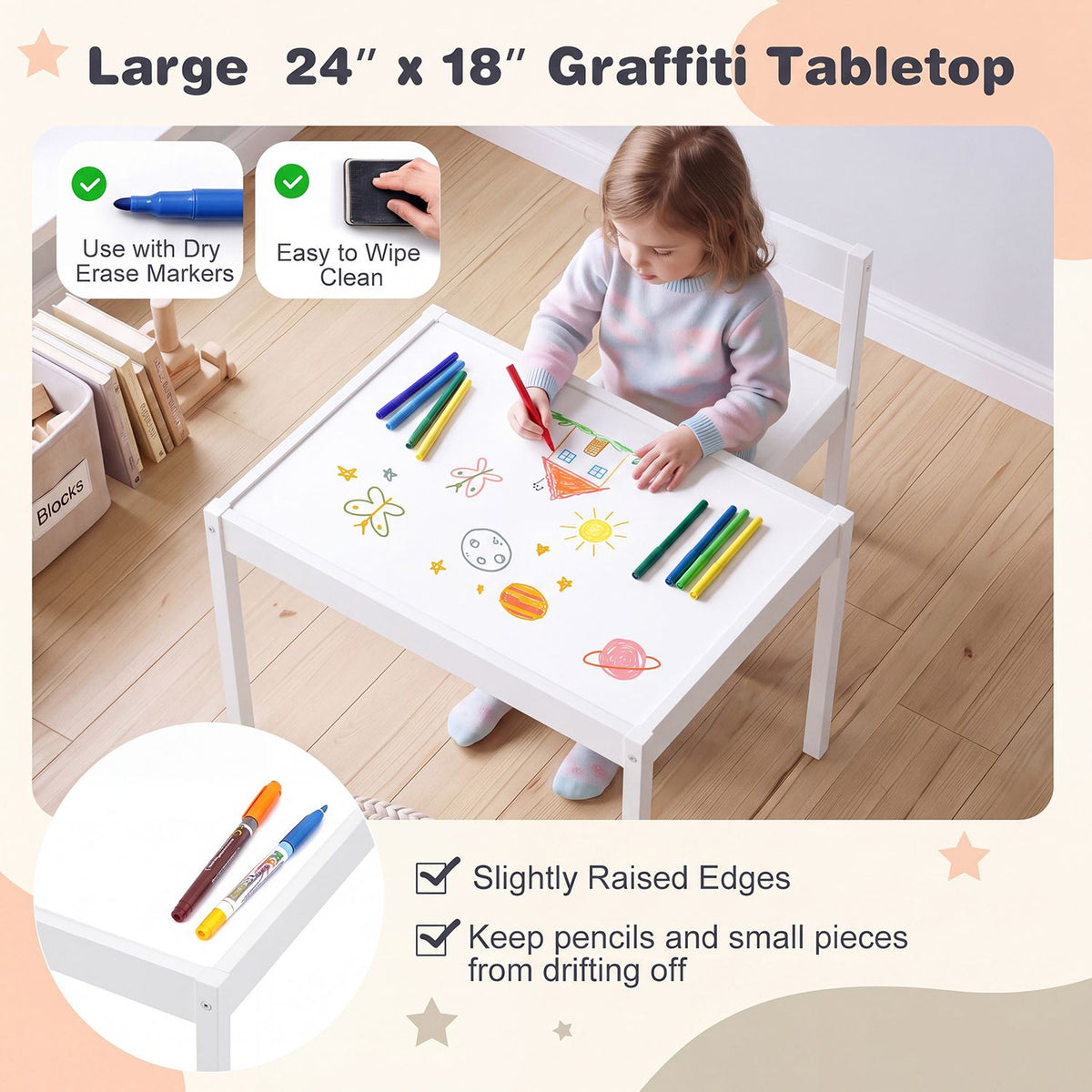 3-Piece Toddler Activity Table Set with Solid Rubber Wood Frame