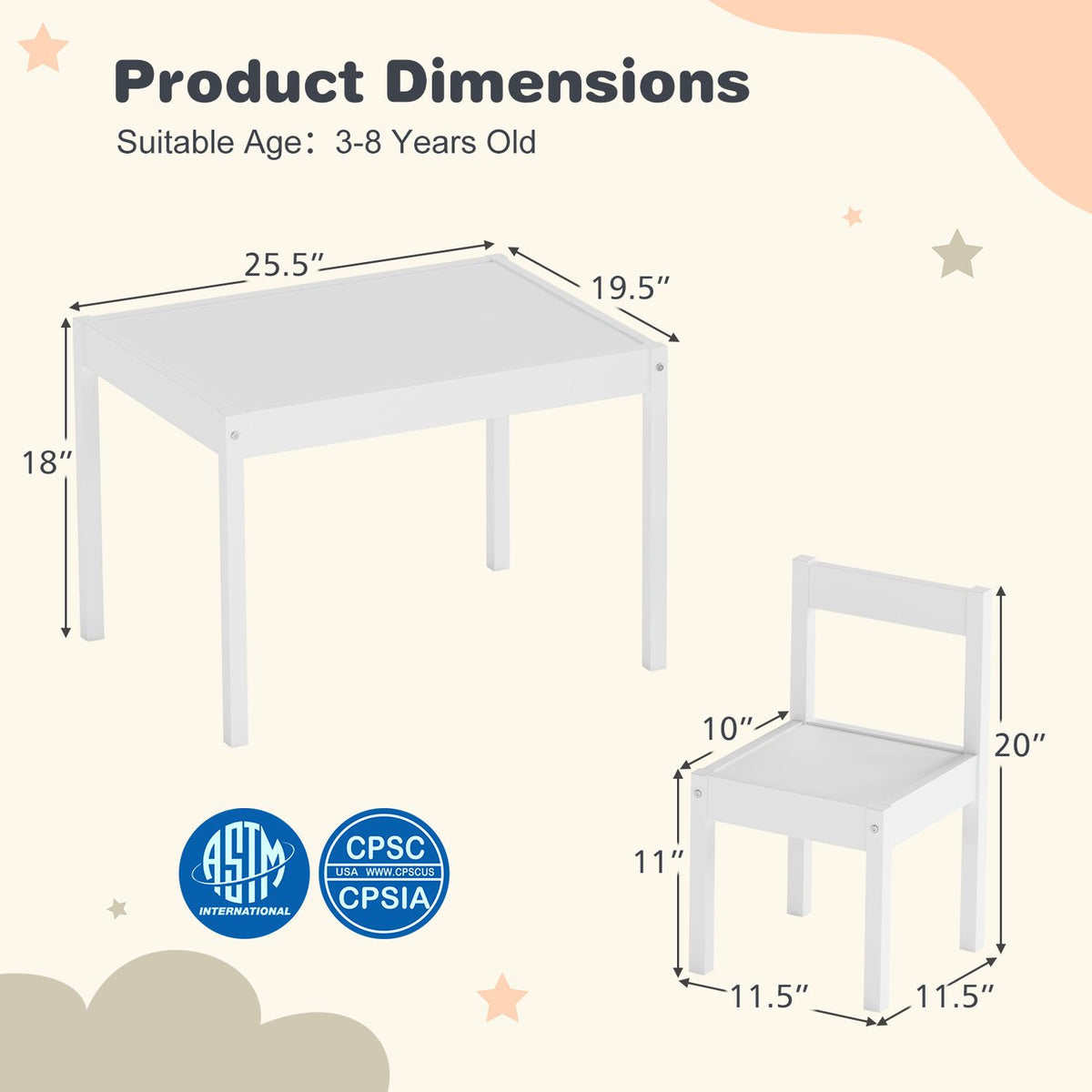 3-Piece Toddler Activity Table Set with Solid Rubber Wood Frame