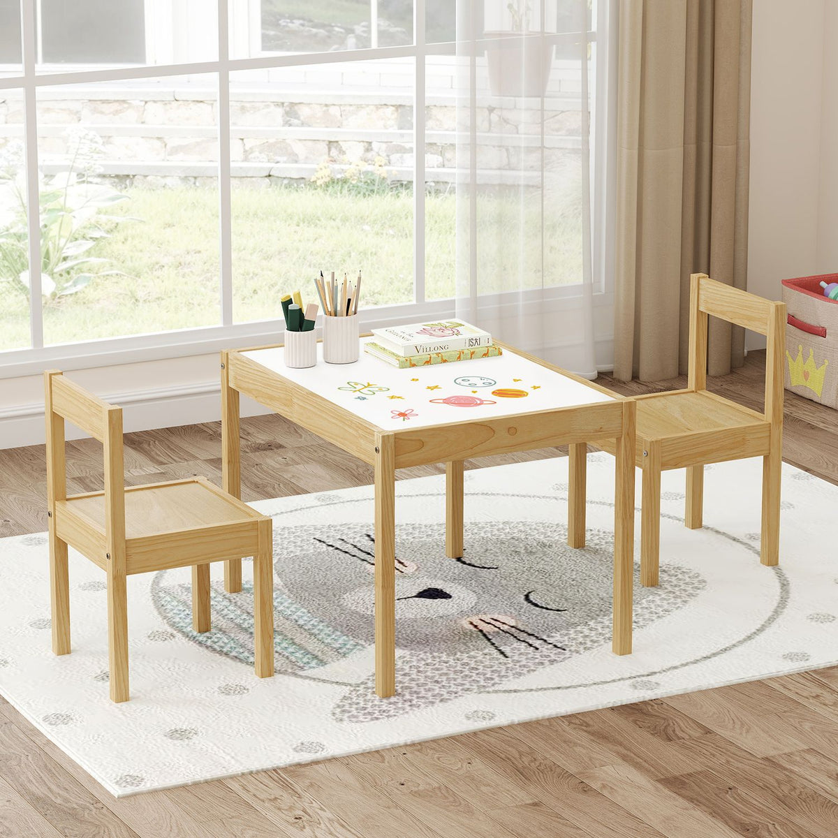 3-Piece Toddler Activity Table Set with Solid Rubber Wood Frame