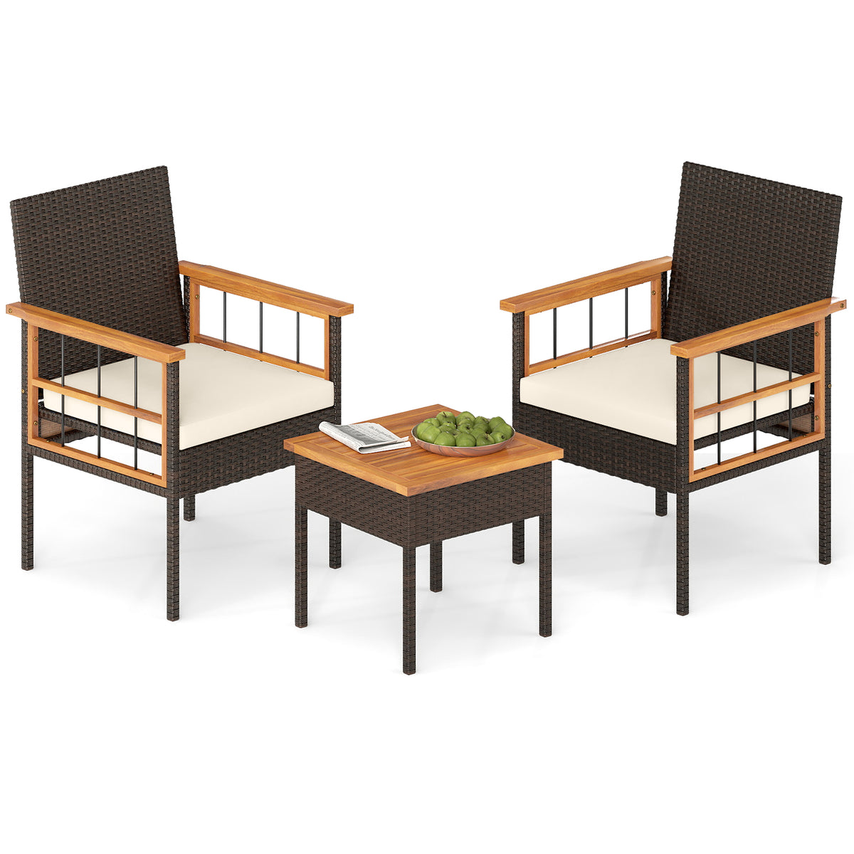3 Piece Wicker Furniture Set with Acacia Wood Tabletop and Armrest for Balcony-White