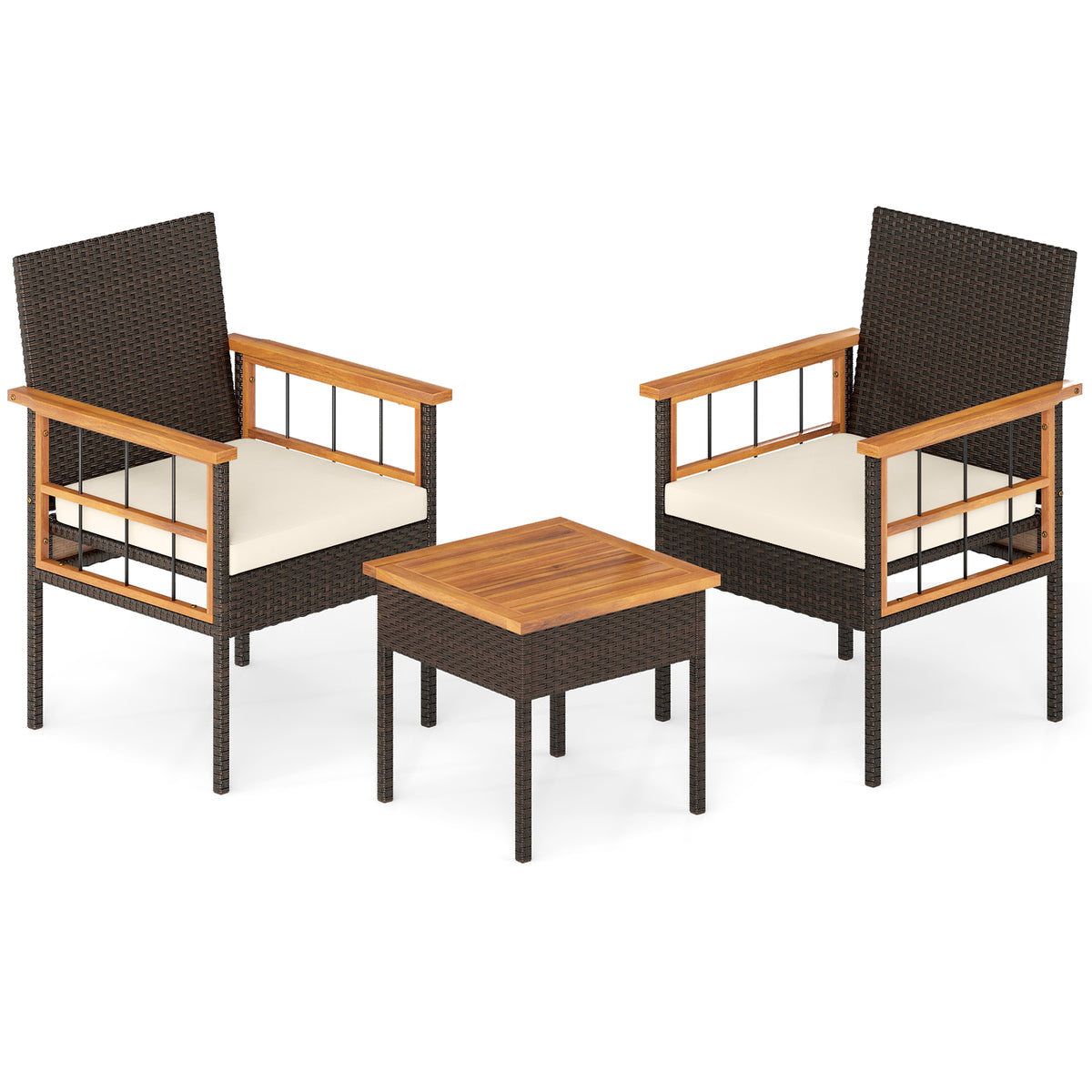 3 Piece Wicker Furniture Set with Acacia Wood Tabletop and Armrest for Balcony-White