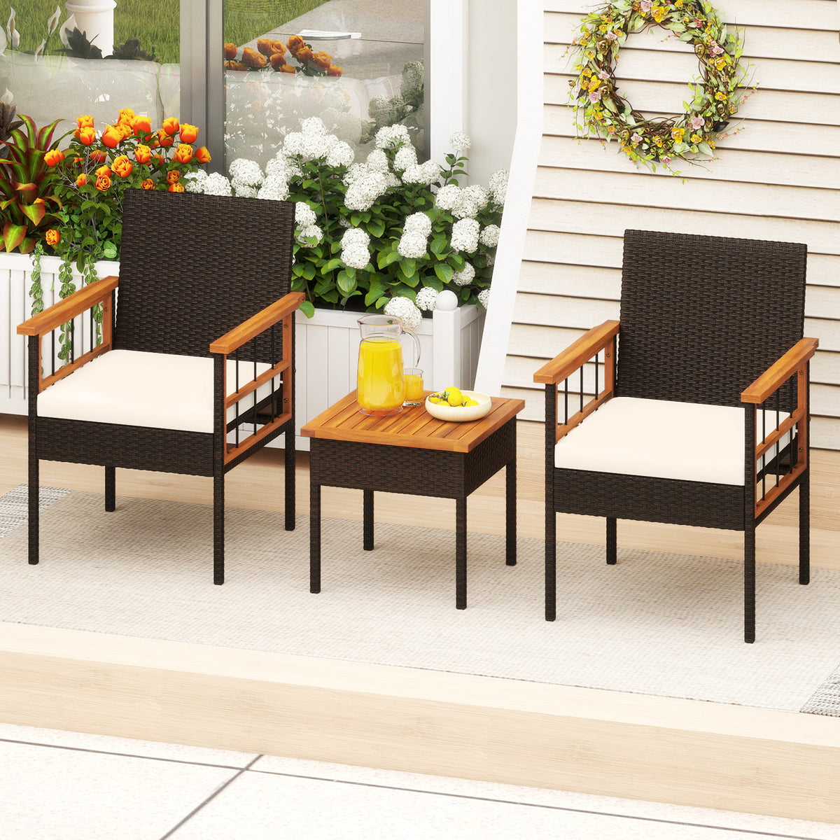 3 Piece Wicker Furniture Set with Acacia Wood Tabletop and Armrest for Balcony-White