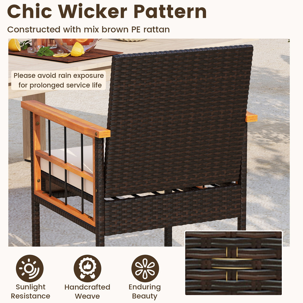 3 Piece Wicker Furniture Set with Acacia Wood Tabletop and Armrest for Balcony-White