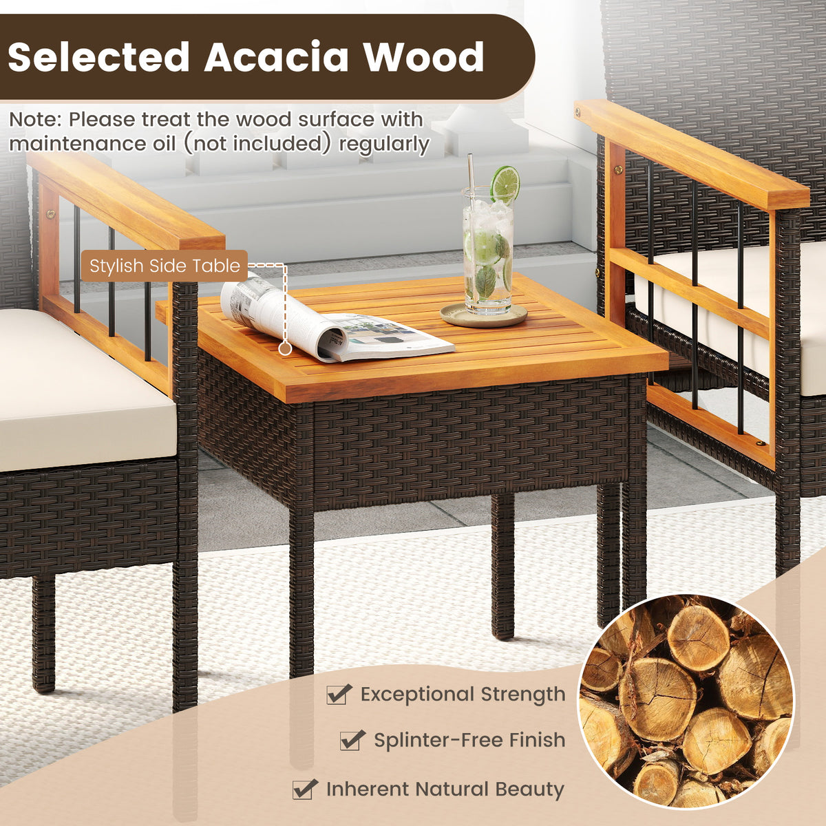 3 Piece Wicker Furniture Set with Acacia Wood Tabletop and Armrest for Balcony-White