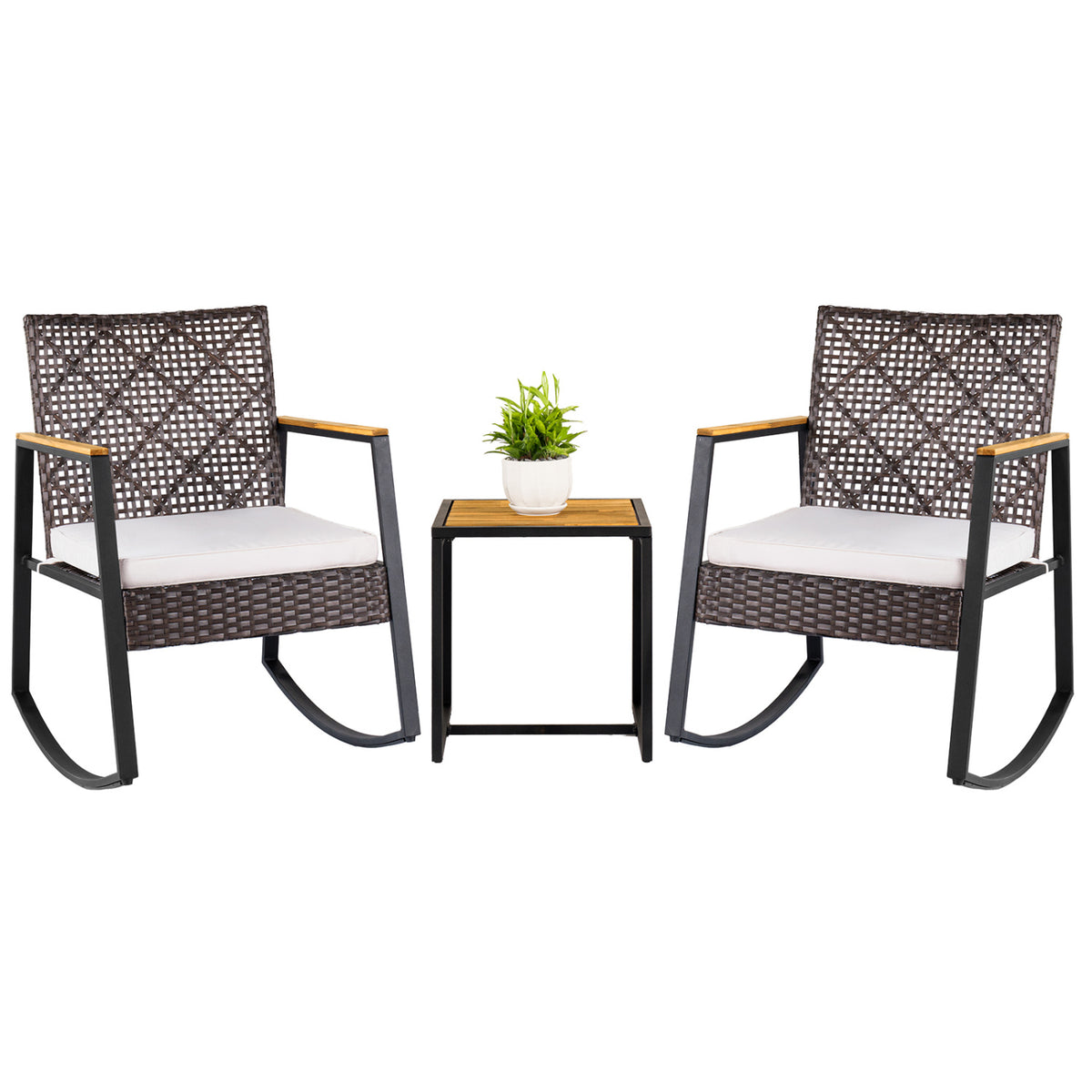 3-Piece Wicker Rocking Chair Set with Coffee Table and Cushions for Porch-Beige