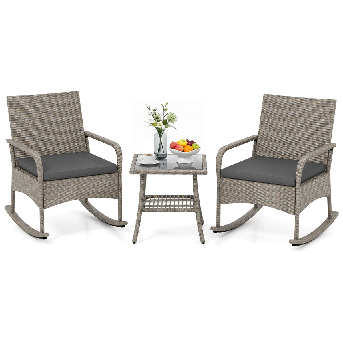 3-Piece Wicker Rocking Bistro Set with Cushions for Garden Backyard Porch-Gray