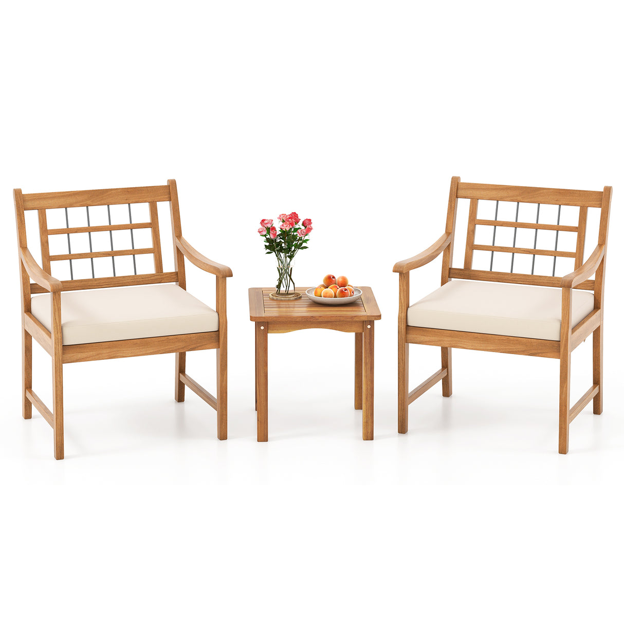 3 Piece Wood Patio Furniture Set with Seat Cushions and Acacia Wood Frame