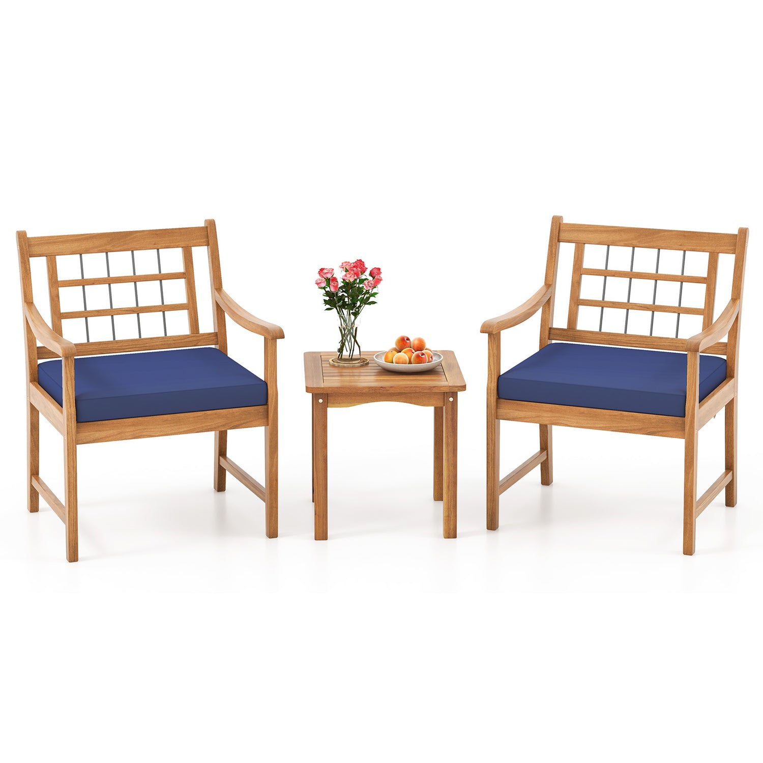3 Piece Wood Patio Furniture Set with Seat Cushions and Acacia Wood Frame