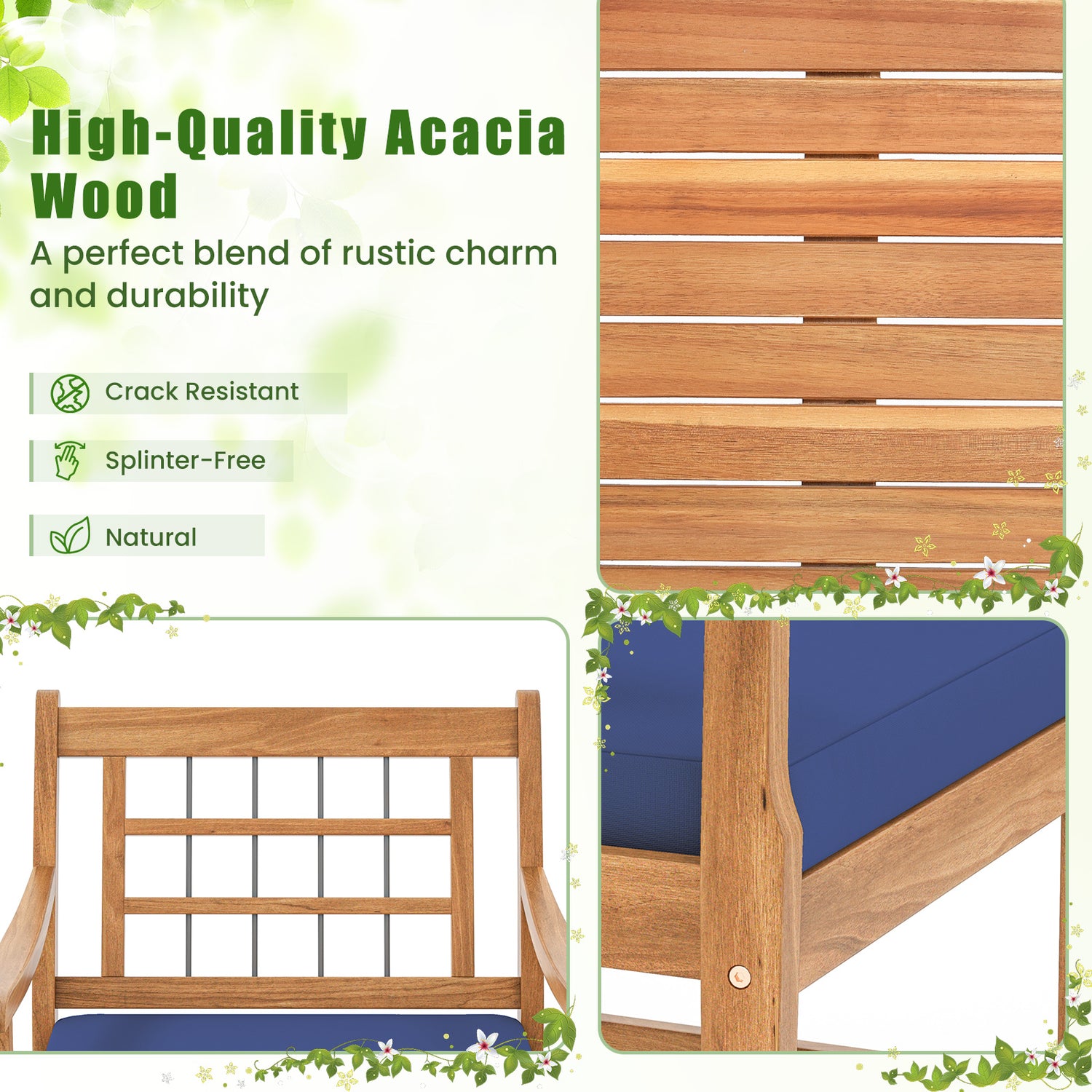 3 Piece Wood Patio Furniture Set with Seat Cushions and Acacia Wood Frame