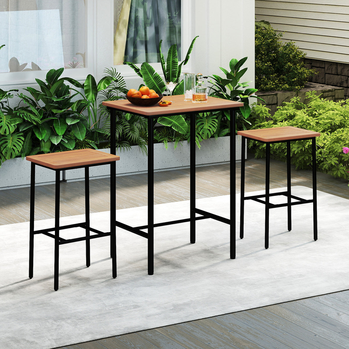 3 Pieces Acacia Wood Patio Bar Set Rectangular Table with Metal Frame