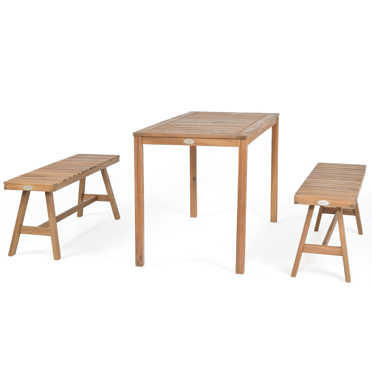 3 Pieces Acacia Wood Patio Dining Set Outdoor Rectangular Table and Benches with Slatted Seats