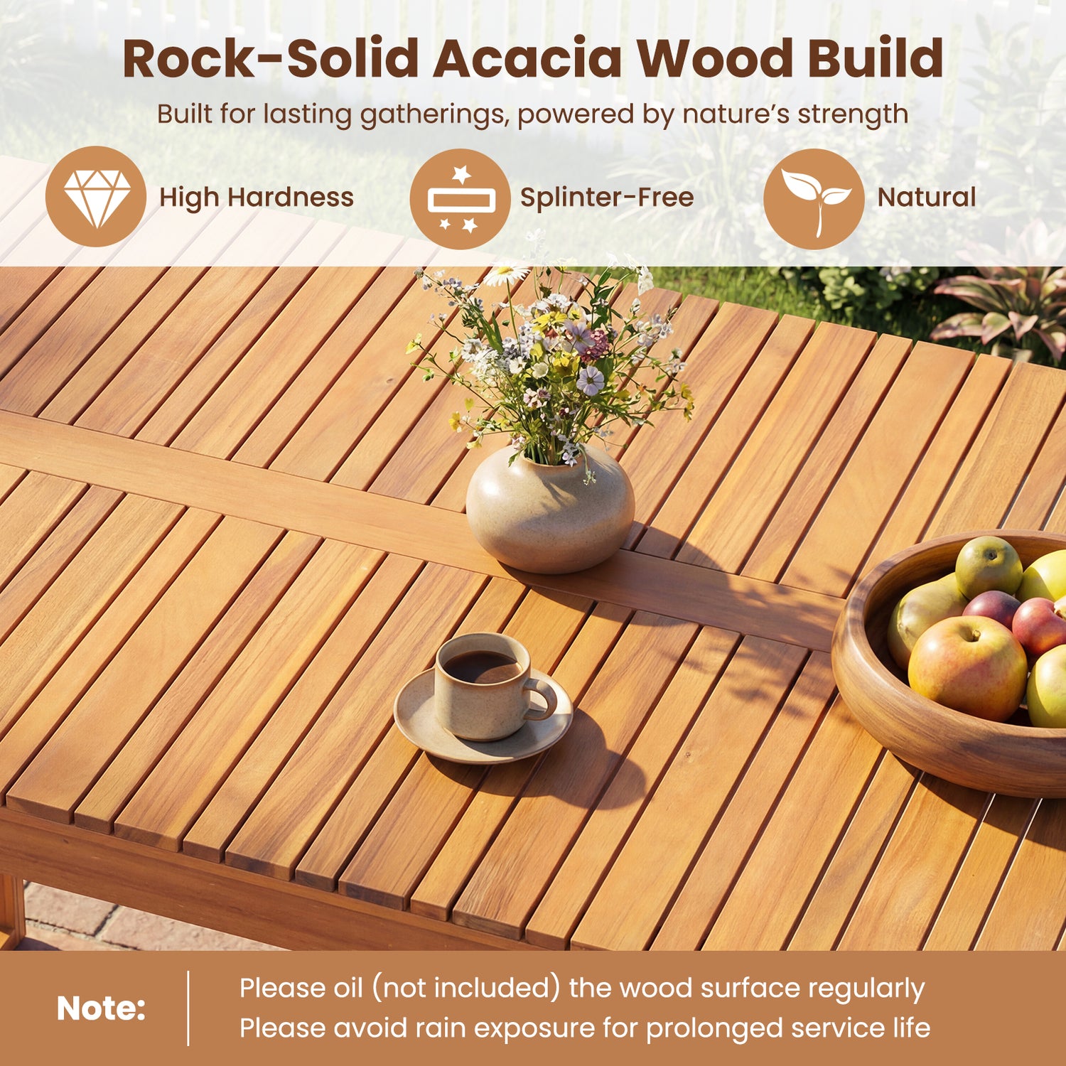 3 Pieces Acacia Wood Picnic Set with Outdoor Dining Table and 2 Benches for 4 People