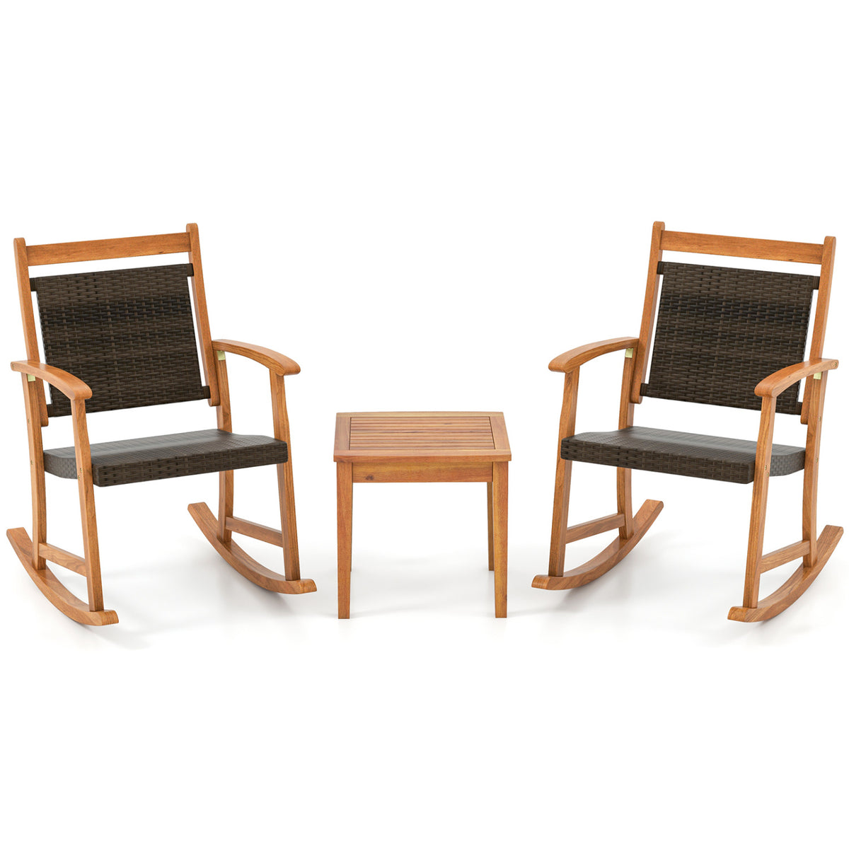 3 Pieces Acacia Wood Patio Rocking Chair Set with Side Table