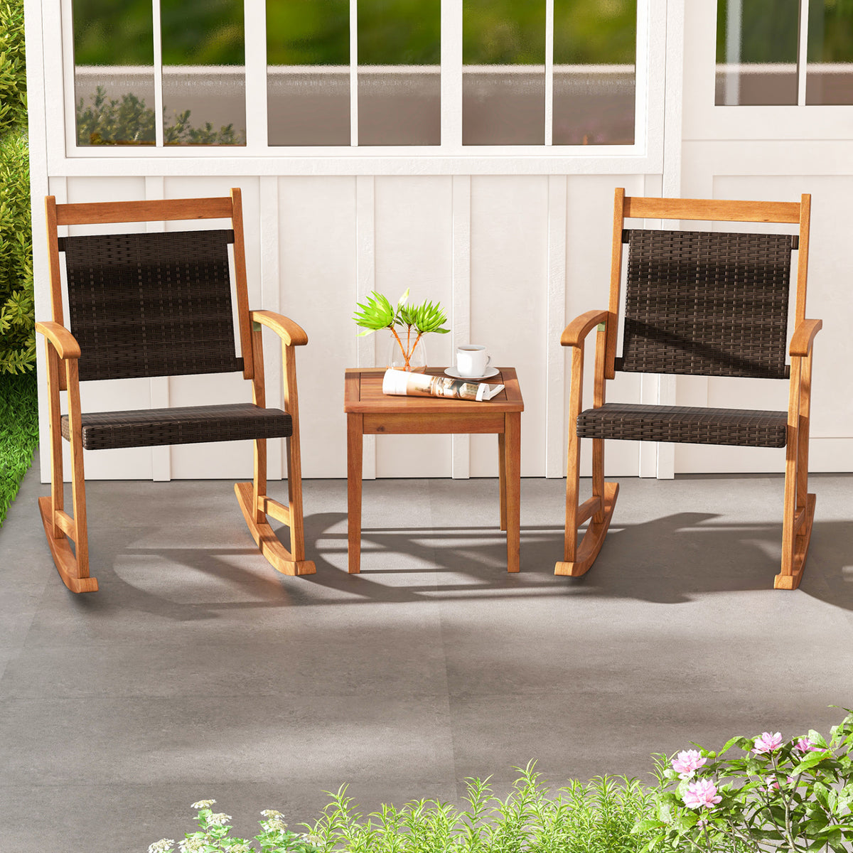 3 Pieces Acacia Wood Patio Rocking Chair Set with Side Table