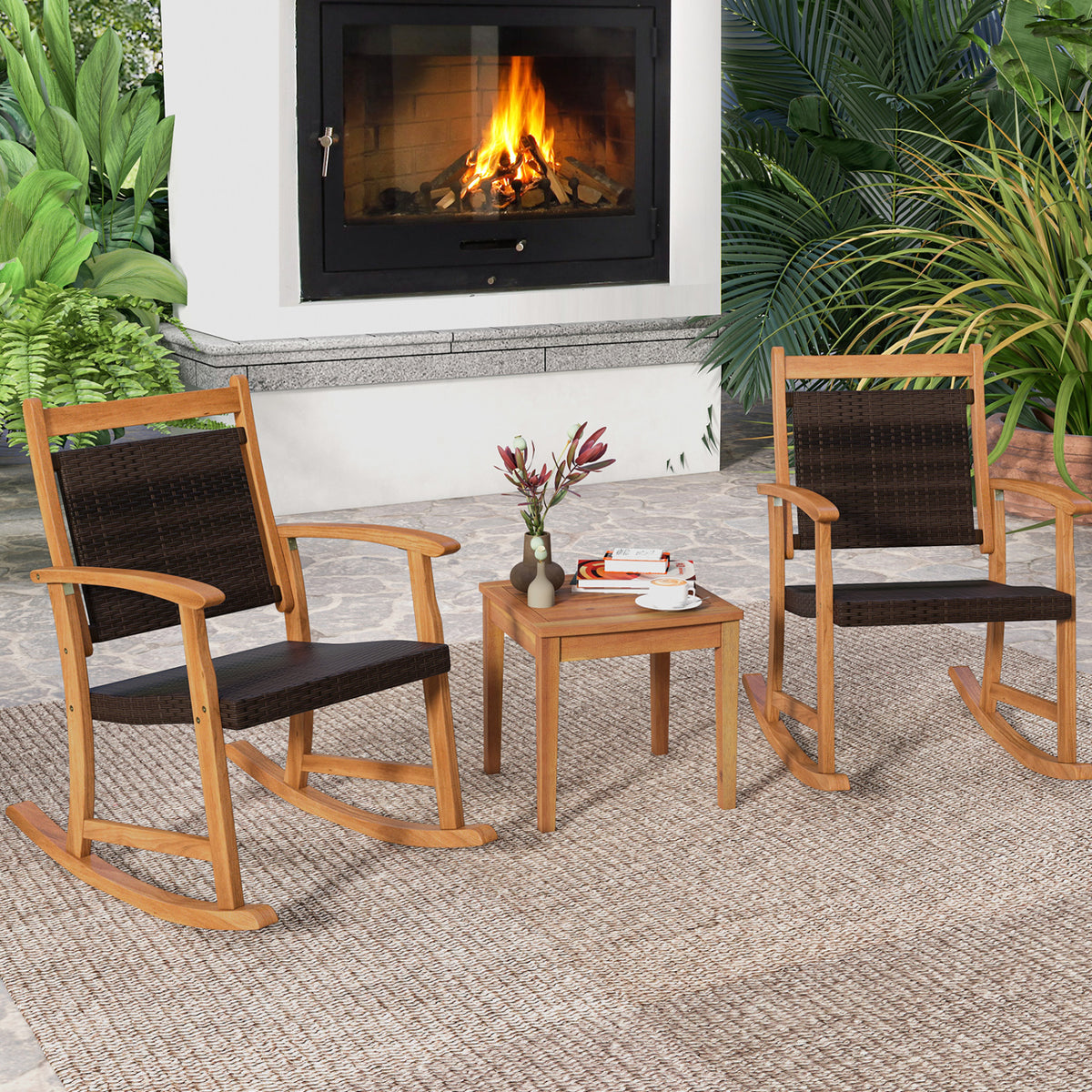 3 Pieces Acacia Wood Patio Rocking Chair Set with Side Table