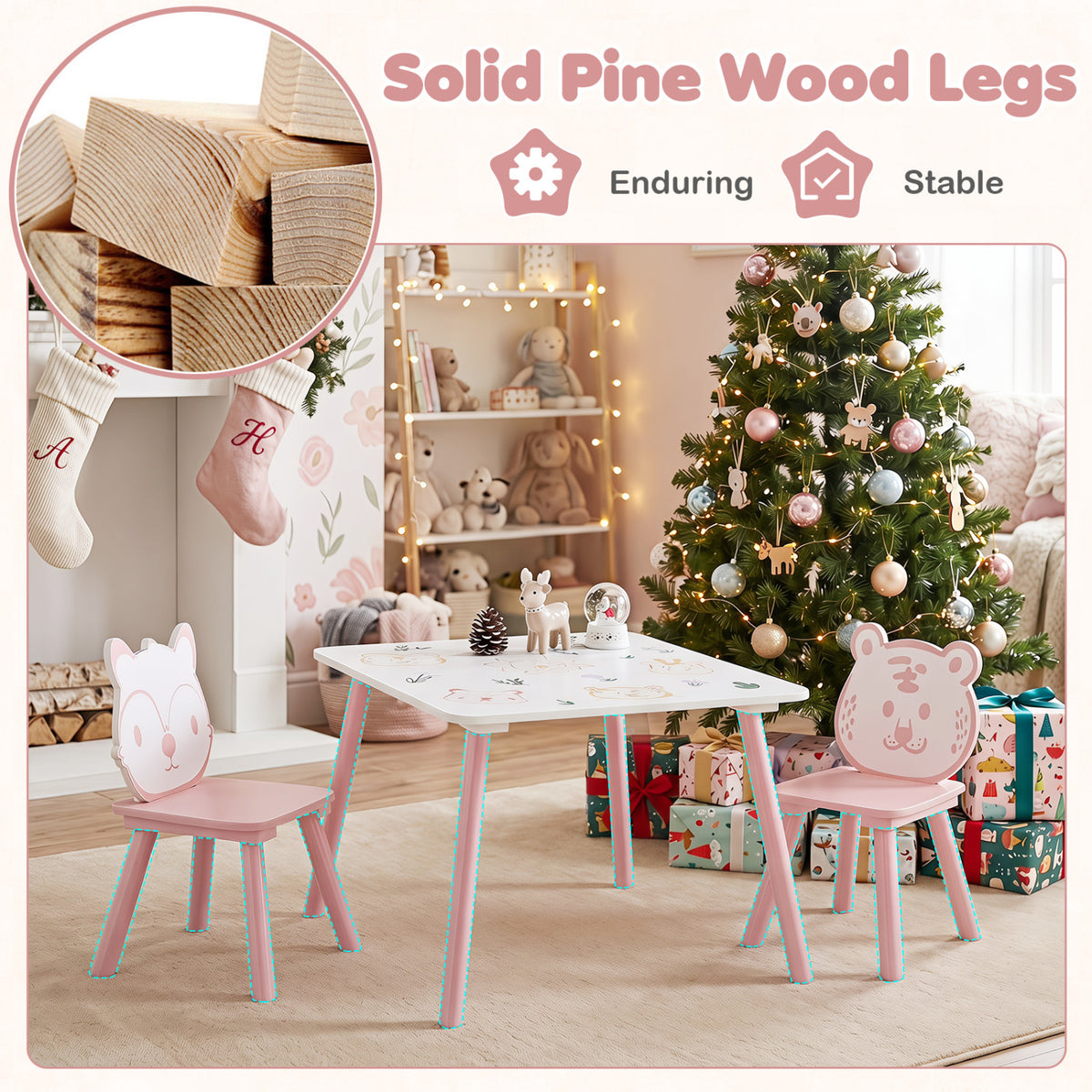 3 Pieces Kids Table and Chairs Set with Animal Patterns for Kids