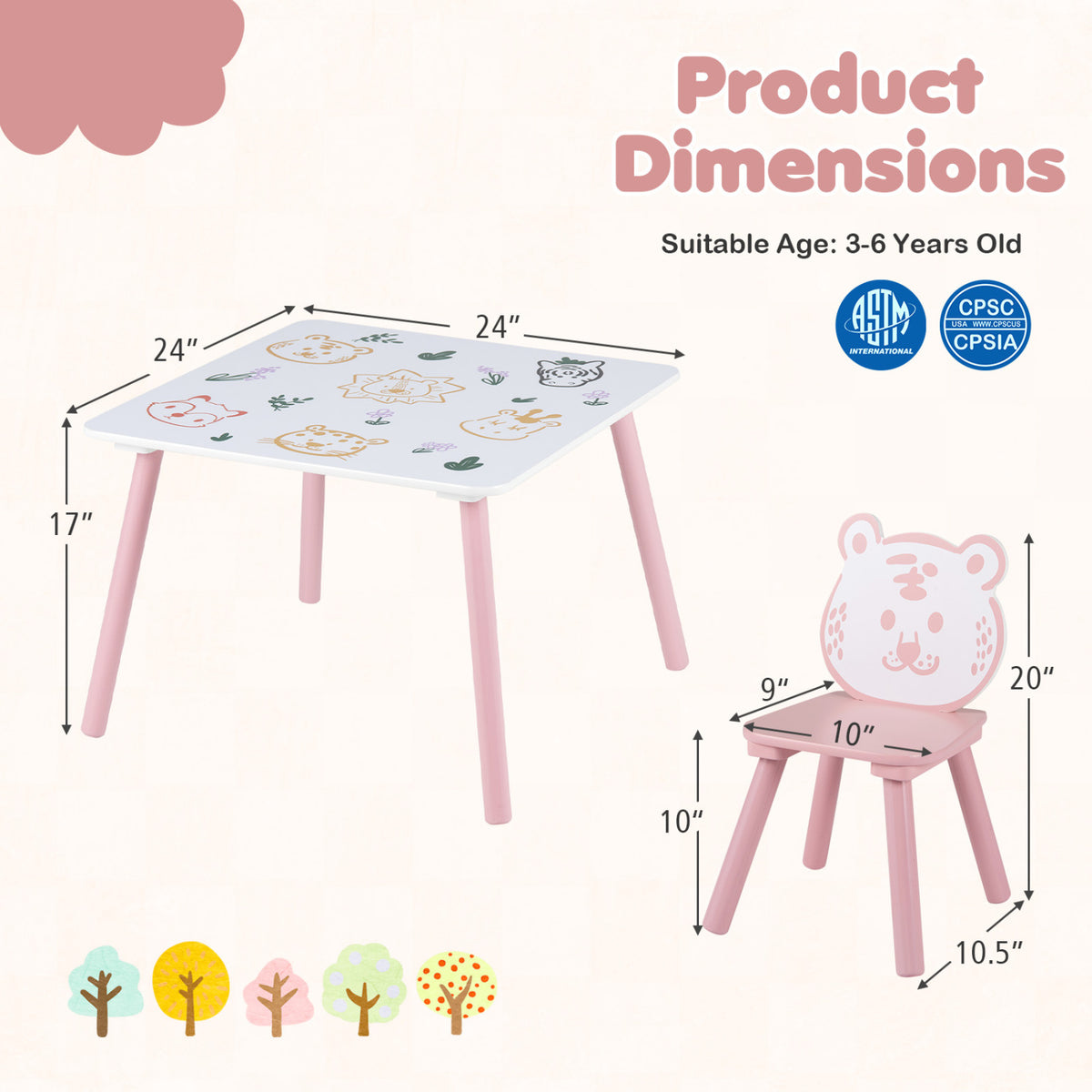 3 Pieces Kids Table and Chairs Set with Animal Patterns for Kids