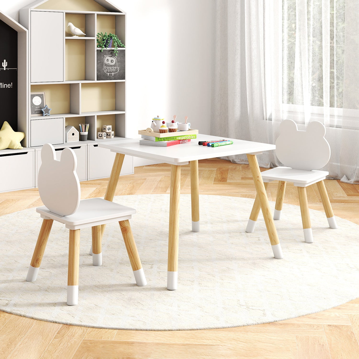 3 Pieces Kids Wooden Table and Chair Set with Cute Froggy Design-White