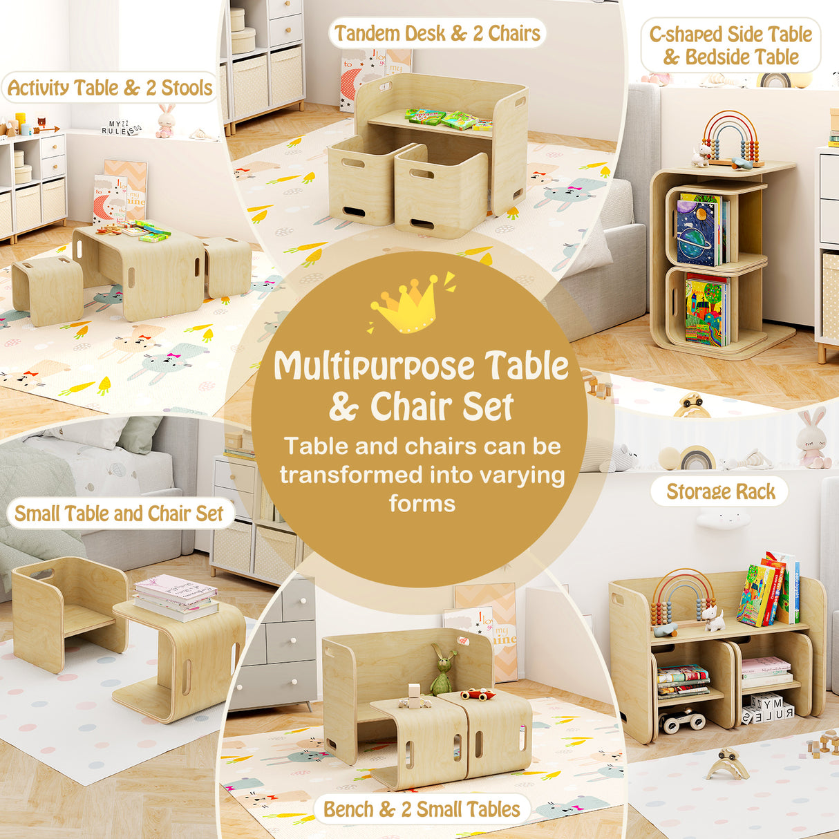 3 Pieces Kids Wooden Table and Chair Set