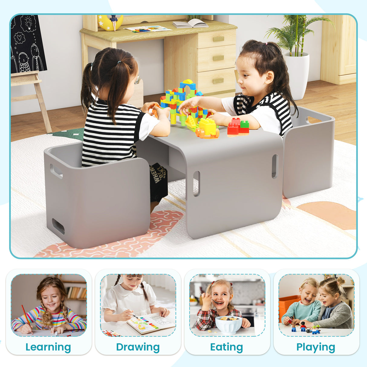3 Pieces Kids Wooden Table and Chair Set