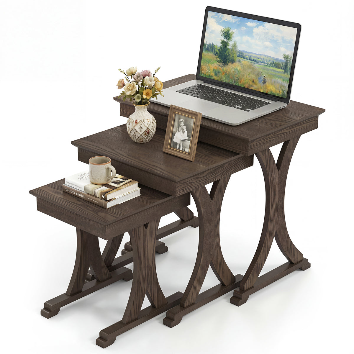 3 Pieces Nesting Coffee Table Side Table with Solid Rubber Wood Legs-Brown
