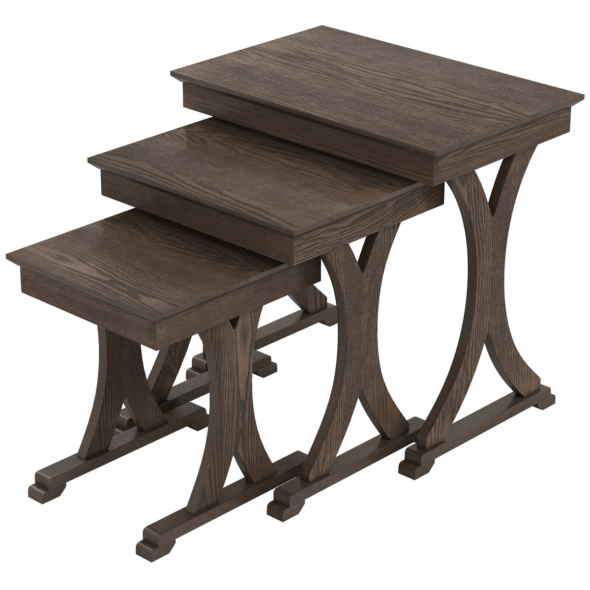 3 Pieces Nesting Coffee Table Side Table with Solid Rubber Wood Legs-Brown