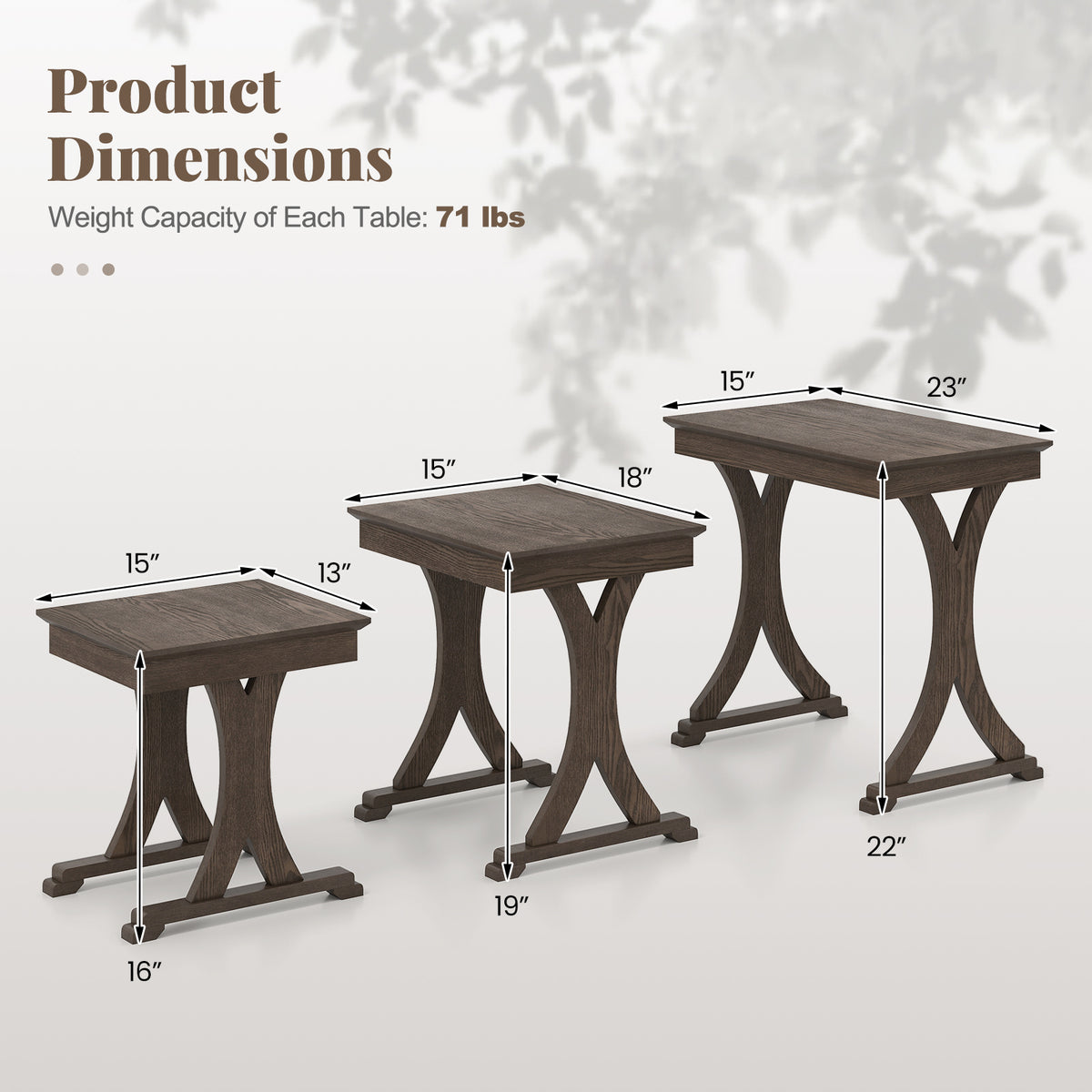 3 Pieces Nesting Coffee Table Side Table with Solid Rubber Wood Legs-Brown