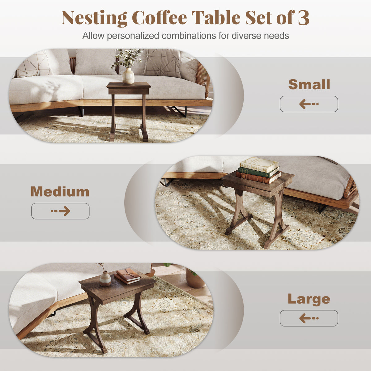 3 Pieces Nesting Coffee Table Side Table with Solid Rubber Wood Legs-Brown