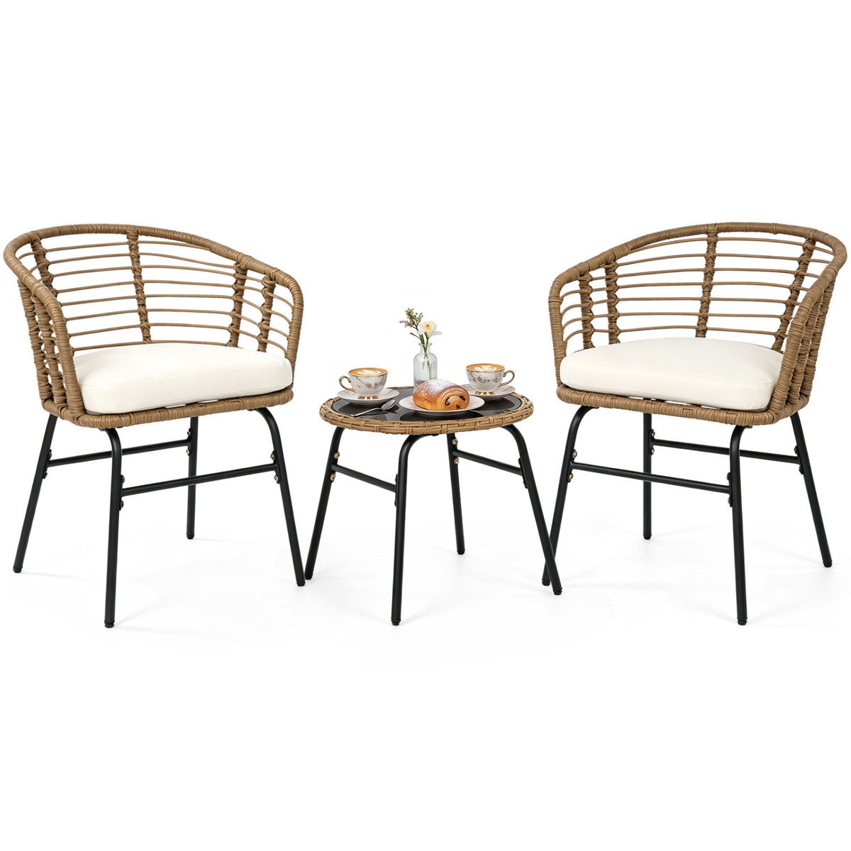 3 Pieces Outdoor Patio Furniture Set with Soft Cushions-White