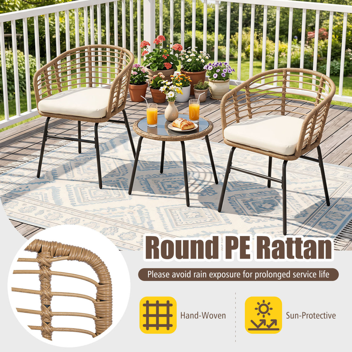 3 Pieces Outdoor Patio Furniture Set with Soft Cushions-White