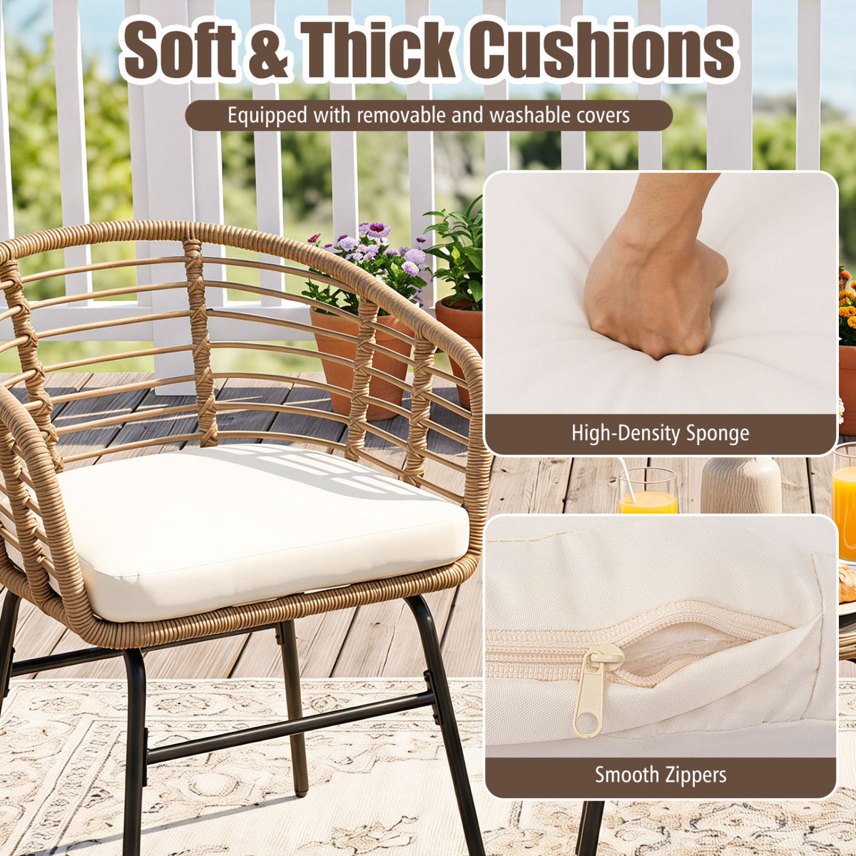 3 Pieces Outdoor Patio Furniture Set with Soft Cushions-White