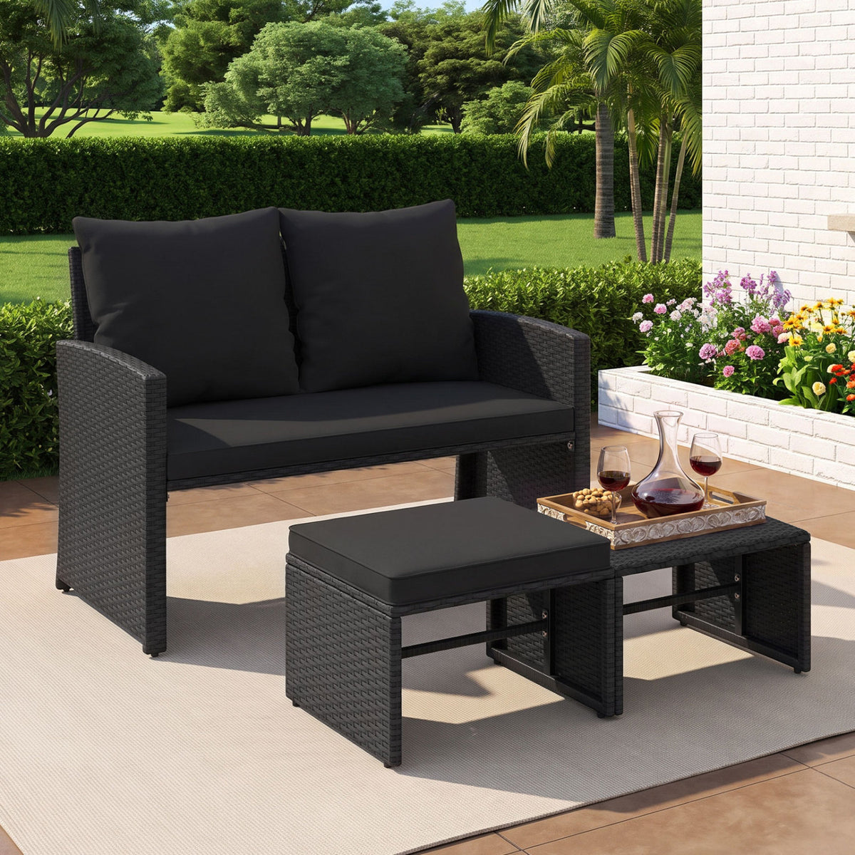 3 Pieces Outdoor Patio PE Wicker Furniture Set with Cushions