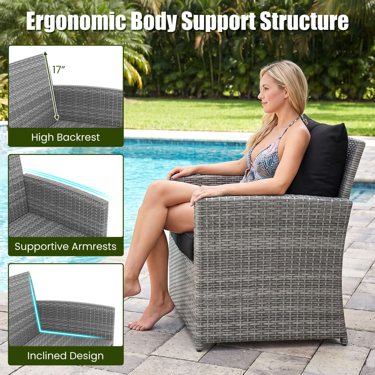 3 Pieces Outdoor Patio PE Wicker Furniture Set with Cushions