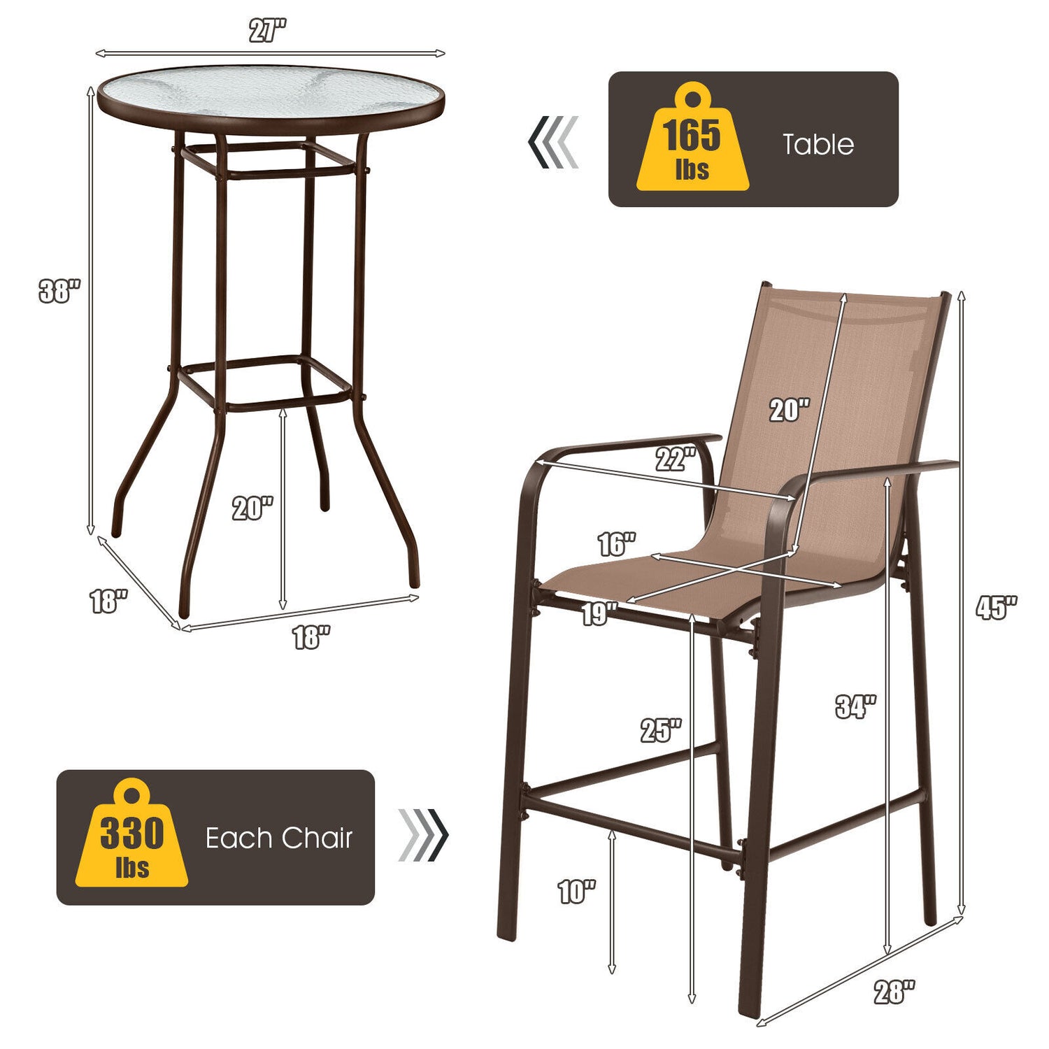 3 Pieces Outdoor Patio Bar Table Stool Set