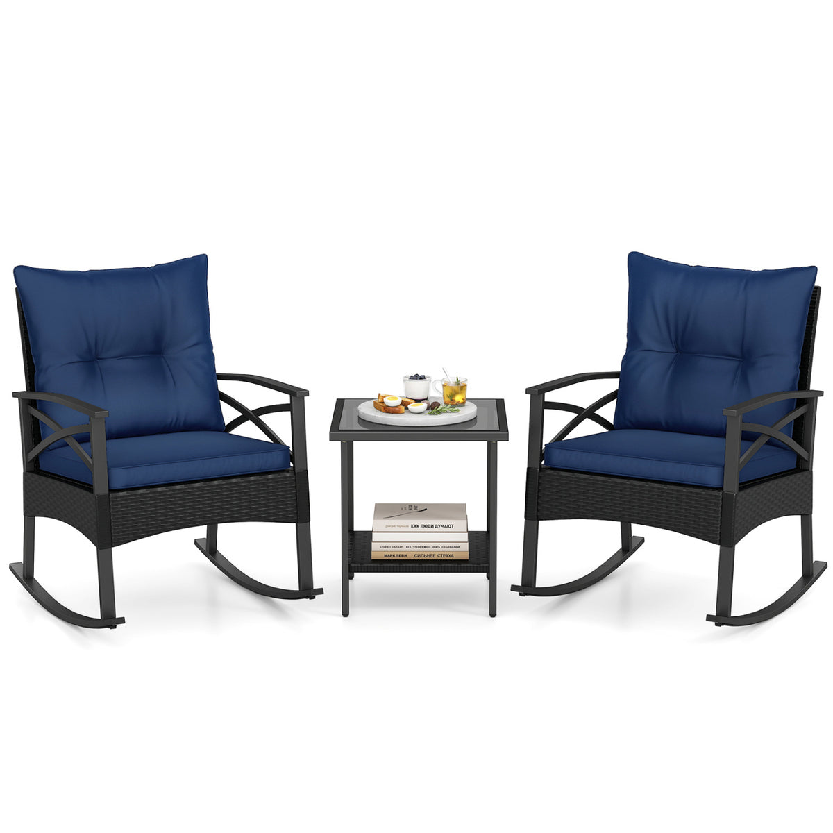 3 Pieces Outdoor Rattan Rocking Chairs Set with 2-Tier Side Table for Garden Backyard