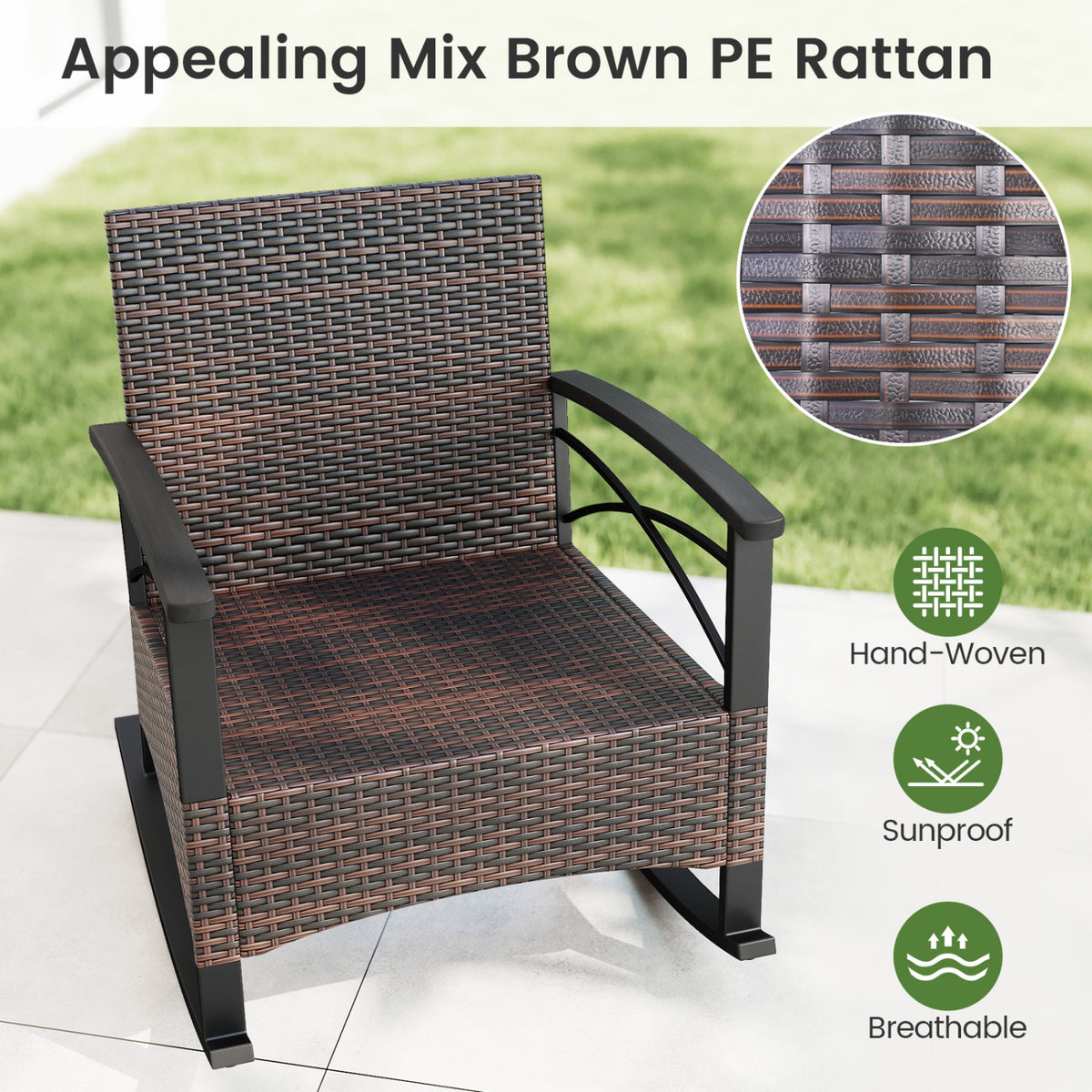 3 Pieces Outdoor Rattan Rocking Chairs Set with 2-Tier Side Table for Garden Backyard