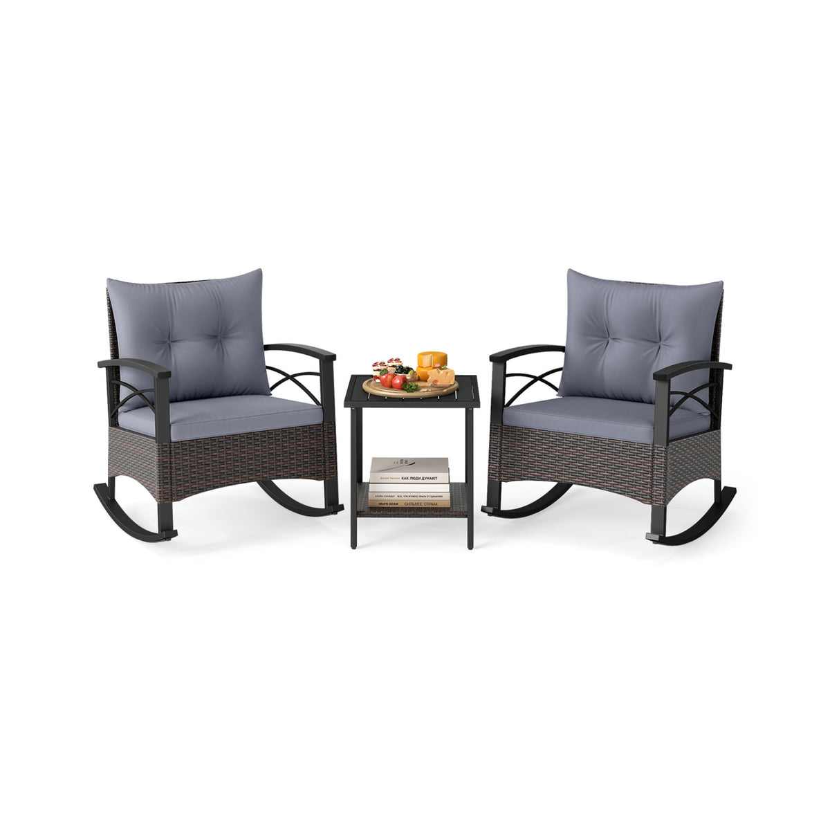 3 Pieces Outdoor Rattan Rocking Chairs Set with 2-Tier Side Table for Garden Backyard
