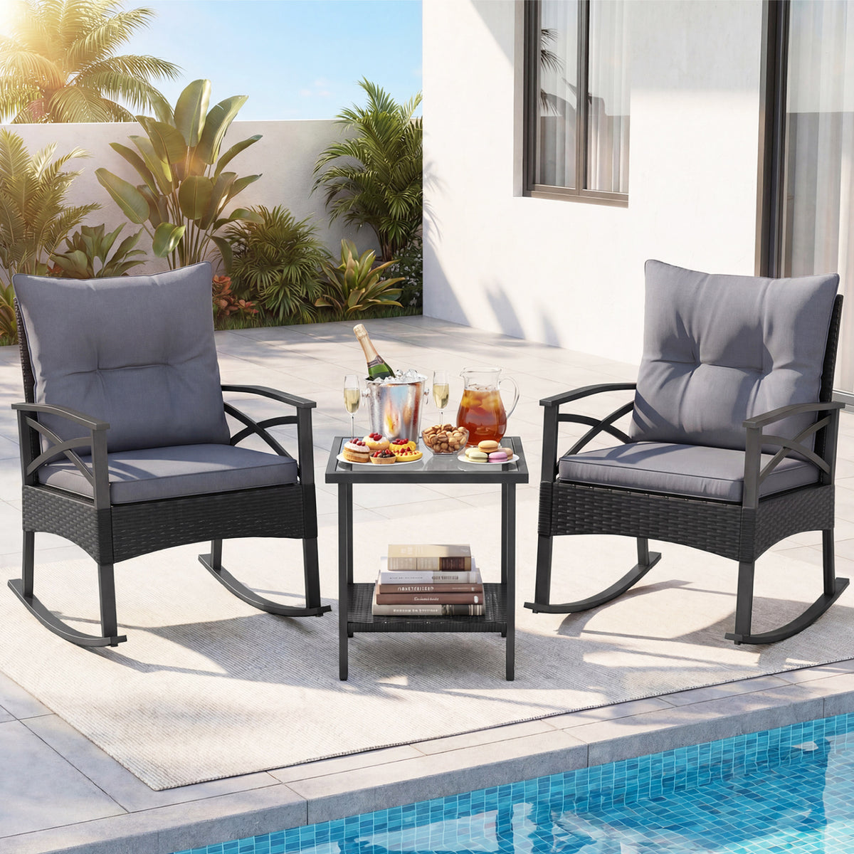 3 Pieces Outdoor Rattan Rocking Chairs Set with 2-Tier Side Table for Garden Backyard