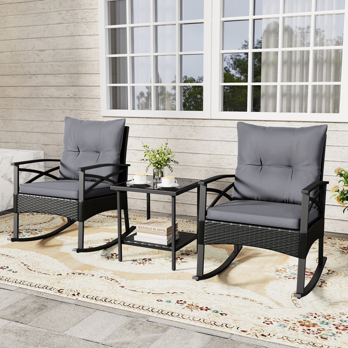 3 Pieces Outdoor Rattan Rocking Chairs Set with 2-Tier Side Table for Garden Backyard
