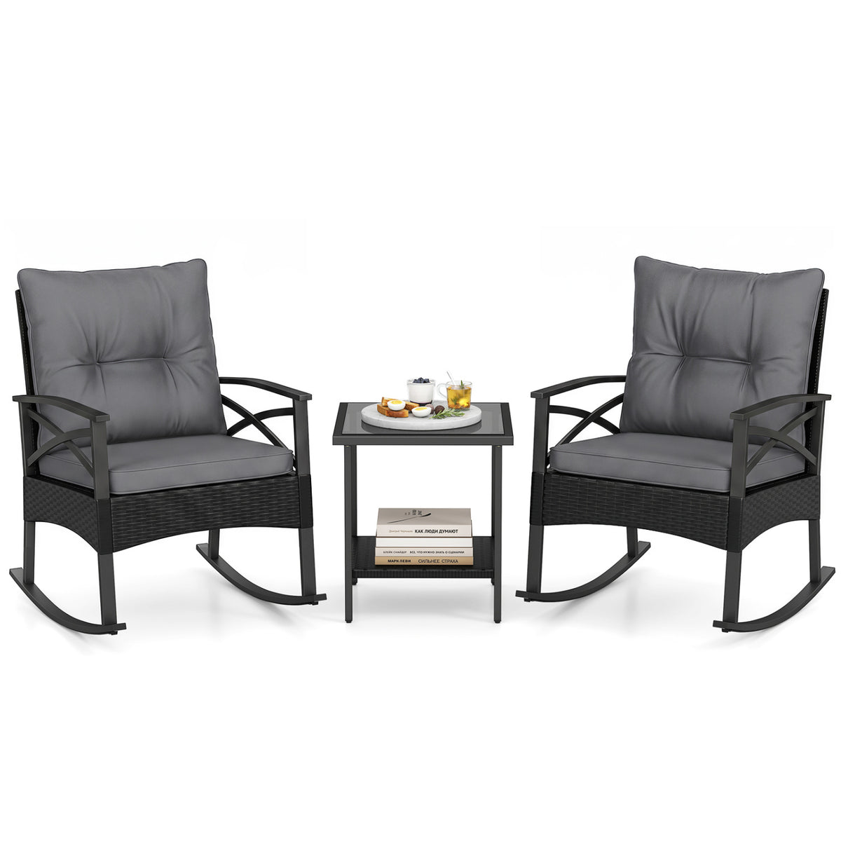 3 Pieces Outdoor Rattan Rocking Chairs Set with 2-Tier Side Table for Garden Backyard