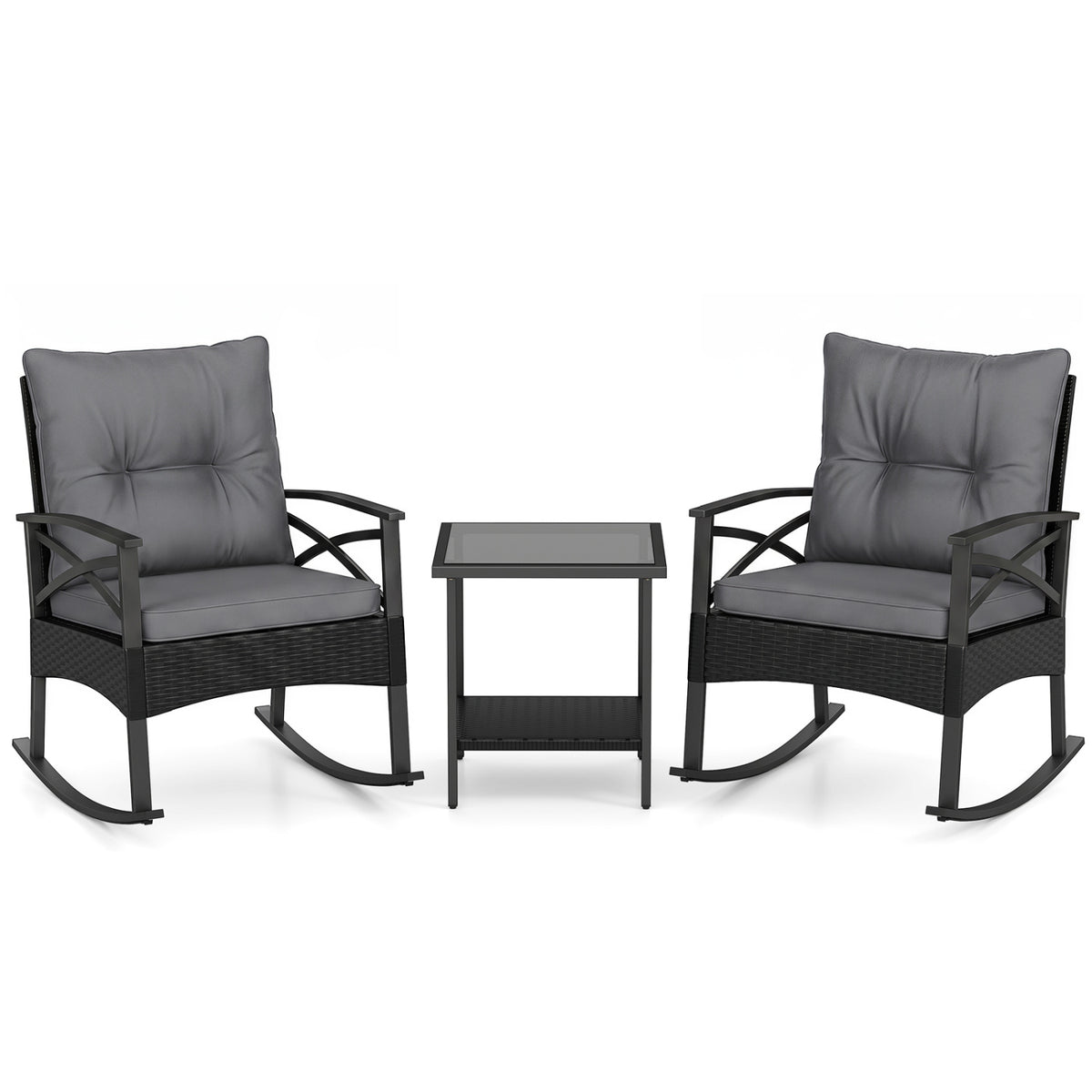 3 Pieces Outdoor Rattan Rocking Chairs Set with 2-Tier Side Table for Garden Backyard