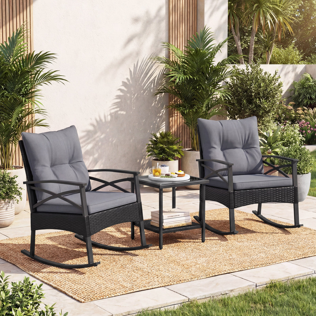 3 Pieces Outdoor Rattan Rocking Chairs Set with 2-Tier Side Table for Garden Backyard