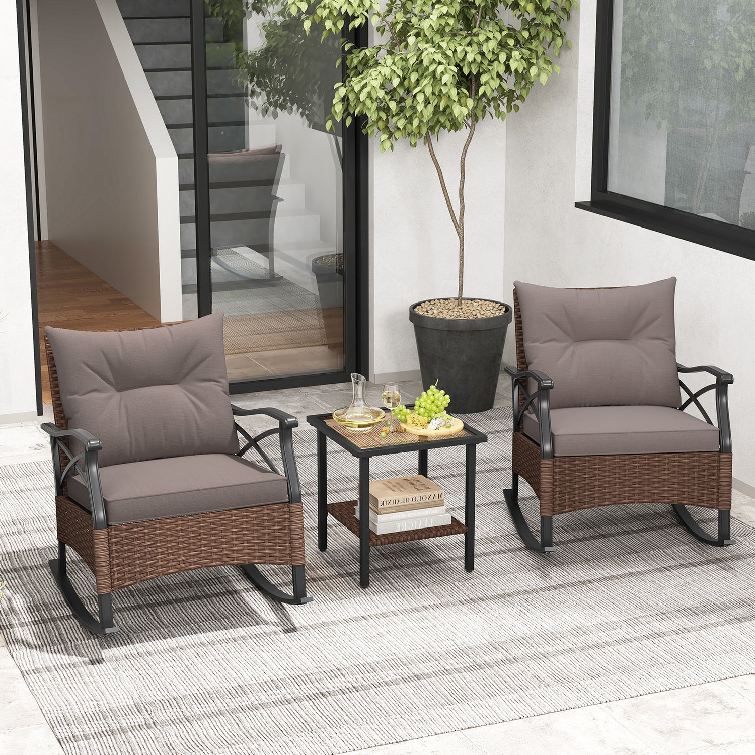 3 Pieces Outdoor Rattan Rocking Chairs Set with 2-Tier Side Table for Garden Backyard-Brown