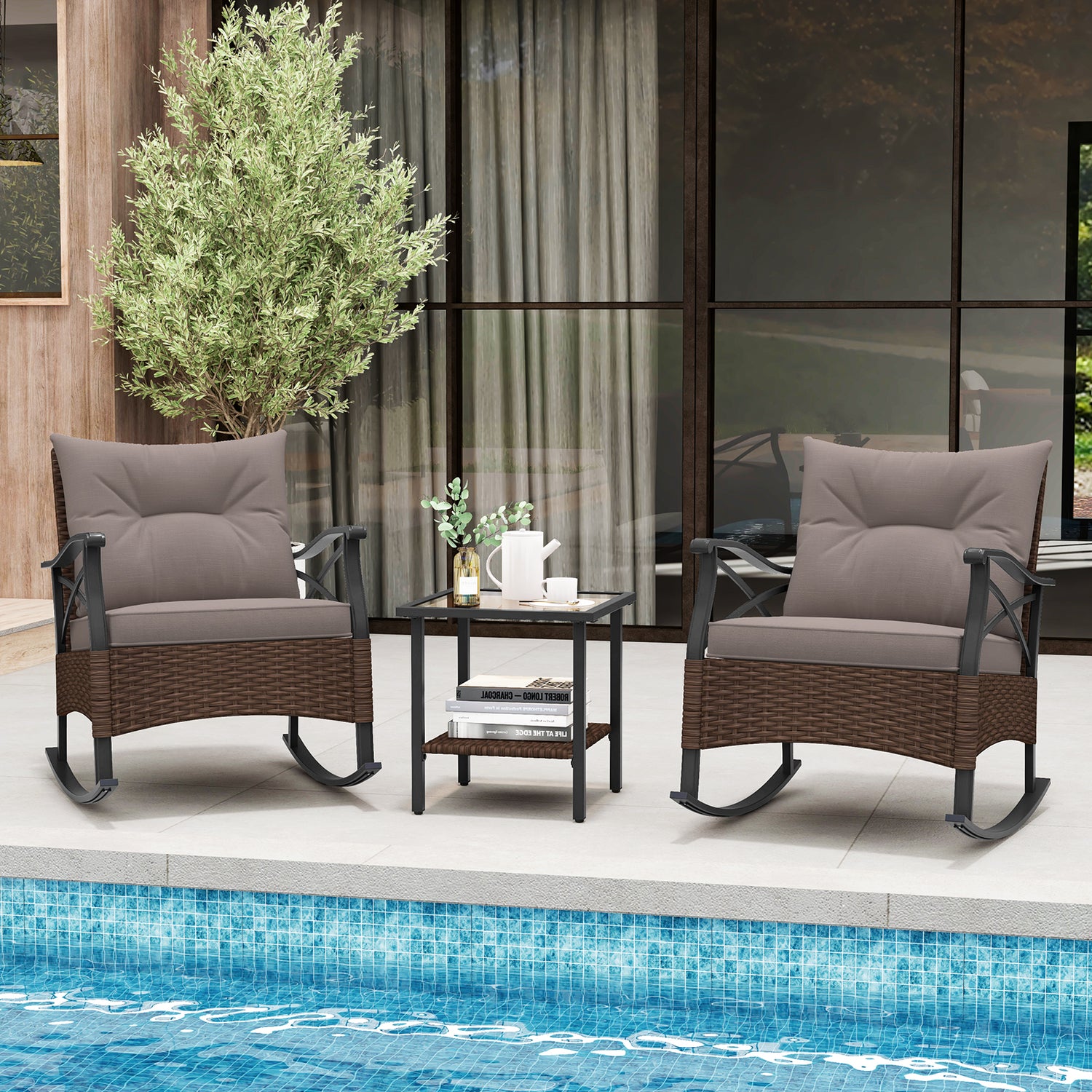 3 Pieces Outdoor Rattan Rocking Chairs Set with 2-Tier Side Table for Garden Backyard-Brown