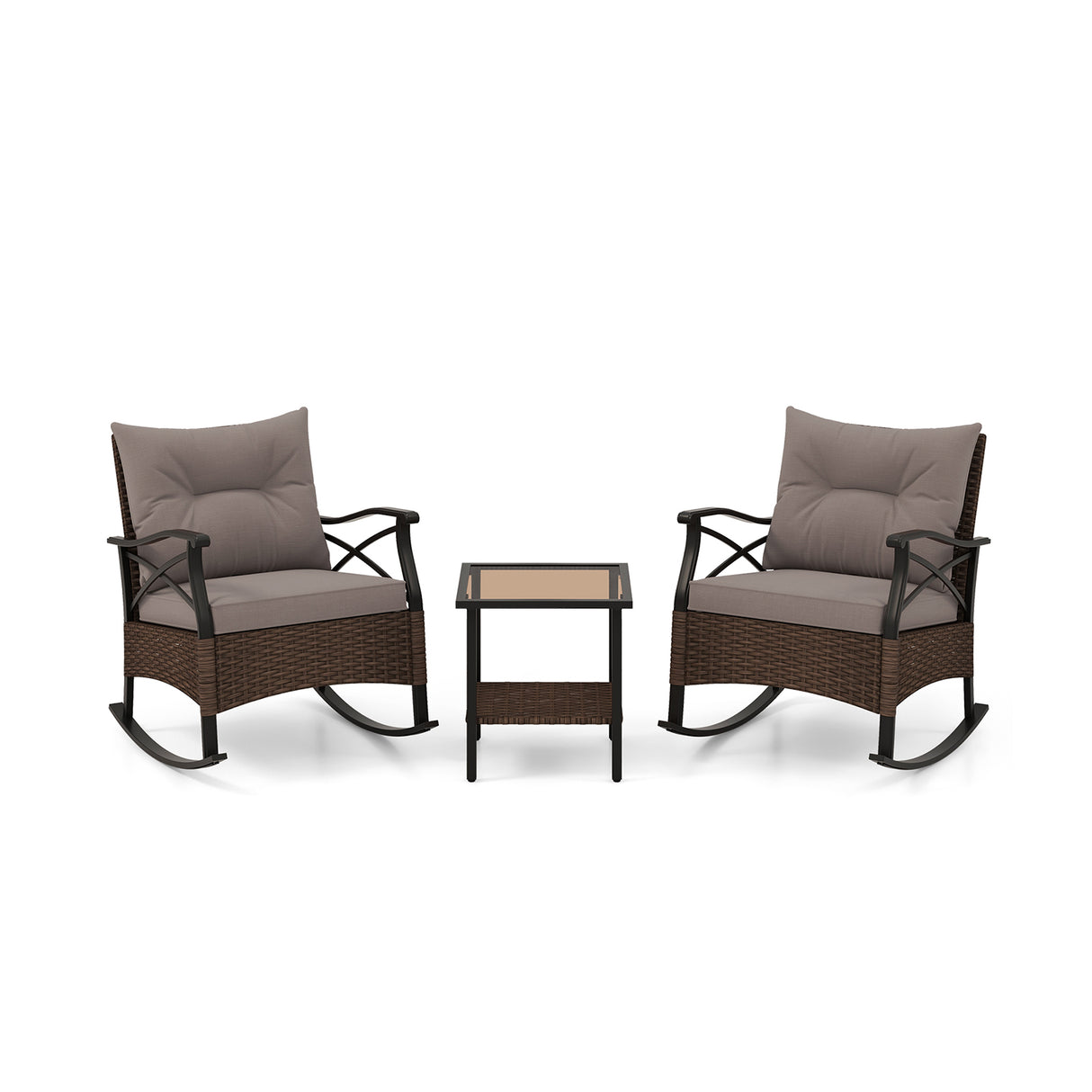 3 Pieces Outdoor Rattan Rocking Chairs Set with 2-Tier Side Table for Garden Backyard-Brown