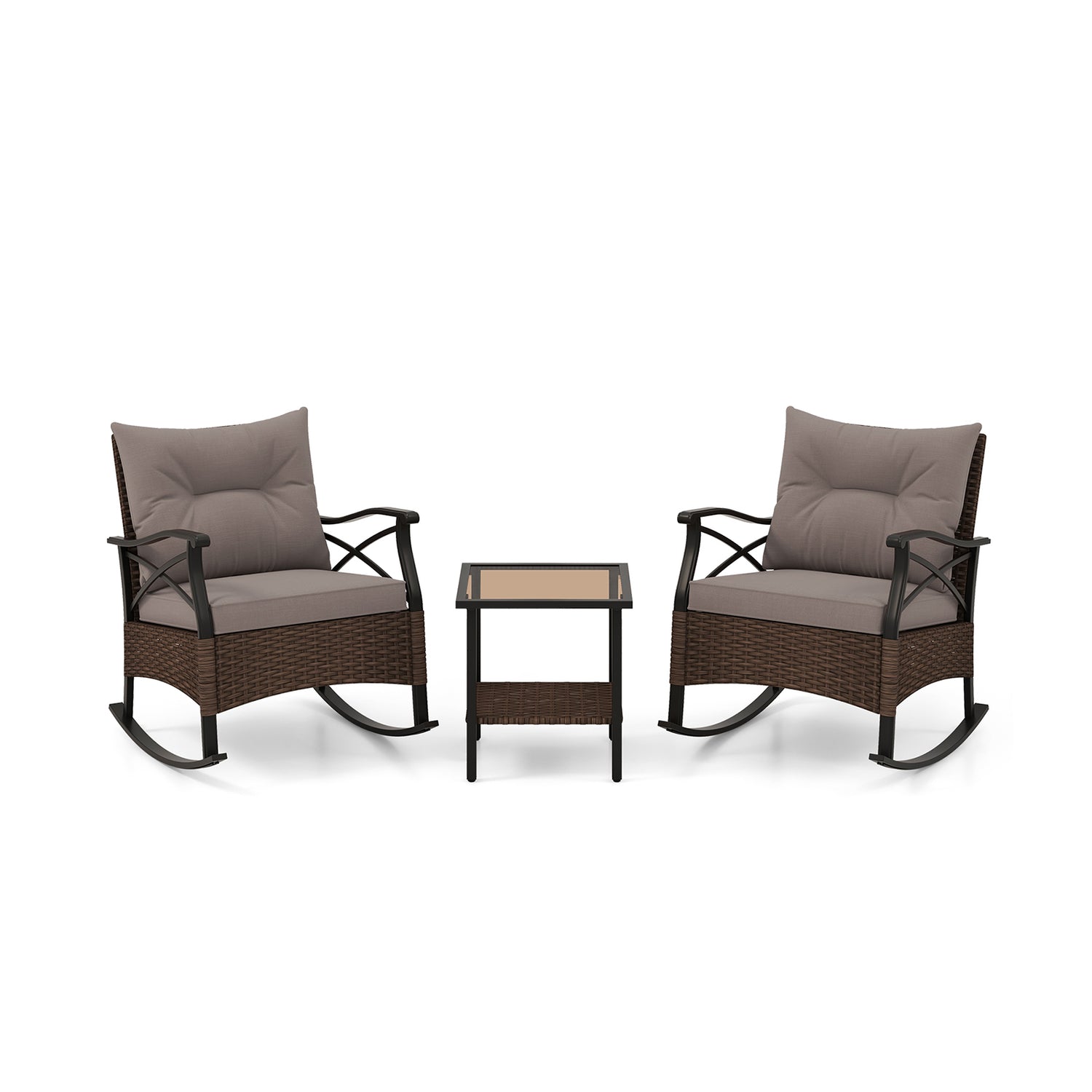 3 Pieces Outdoor Rattan Rocking Chairs Set with 2-Tier Side Table for Garden Backyard-Brown