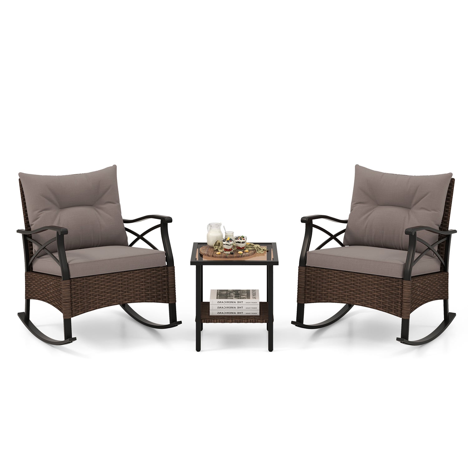 3 Pieces Outdoor Rattan Rocking Chairs Set with 2-Tier Side Table for Garden Backyard-Brown